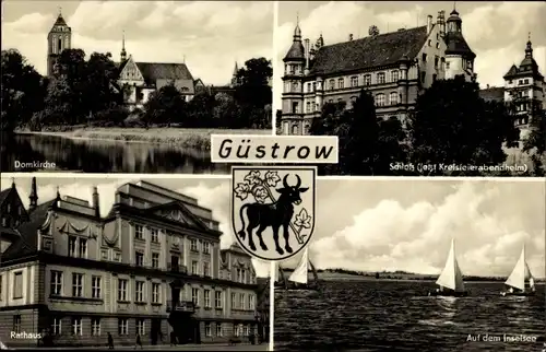 Ak Güstrow in Mecklenburg, Domkirche, Rathaus, Schloß, Auf dem Inselsee, Wappen