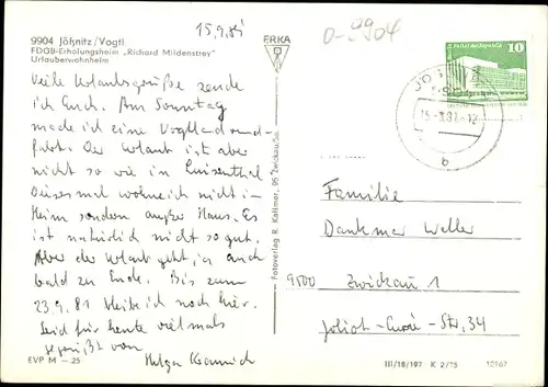 Ak Jößnitz Vogtland, FDGB-Erholungsheim Richard Mildenstrey