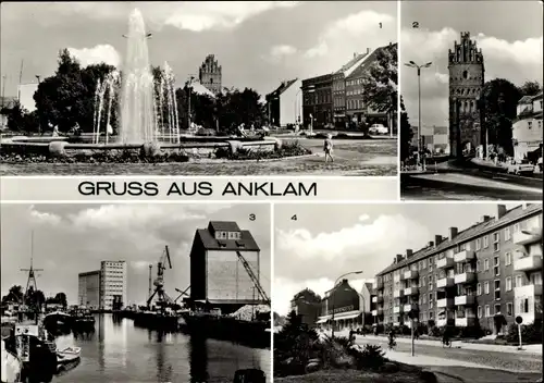 Ak Anklam, Blick vom Marktplatz zum Steintor, Hafen, Peenstraße, Springbrunnen