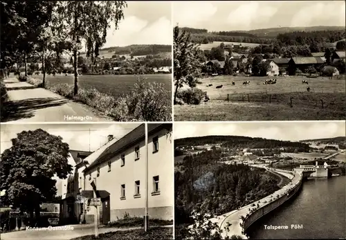 Ak Helmsgrün Rodlera Pöhl Vogtland, Talsperre, Konsum Gaststätte, Ortsansicht mit Viehweiden