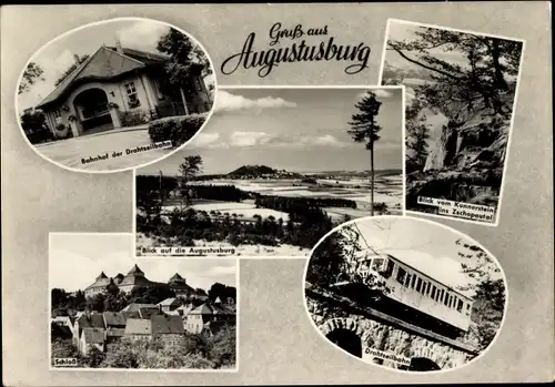 Ak Augustusburg im Erzgebirge, Bahnhof der Drahtseilbahn, Schloß, Blick vom Kunnerstein