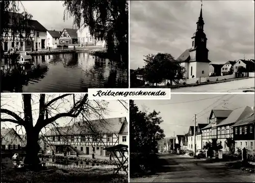 Ak Reitzengeschwenda Drognitz in Thüringen, Dorfteich, Kirche, Mehrzweckgebäude, Dorfstraße