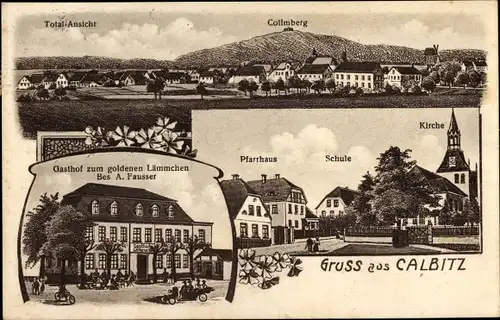 Ak Calbitz Wermsdorf Nordsachsen, Schule, Kirche, Pfarrhaus, Gasthof zum goldenen Lämmchen