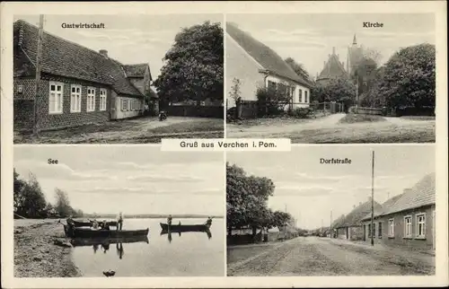 Ak Verchen Demmin in Vorpommern, Kirche, Dorfstraße, See, Gastwirtschaft