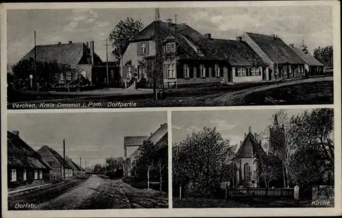 Ak Verchen Demmin in Vorpommern, Dorfstraße, Kirche, Dorfpartie
