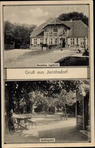 Ak Jacobsdorf in Brandenburg, Deutsches Jagdhotel, Außenansicht, Pferdekutsche, Gartenpartie