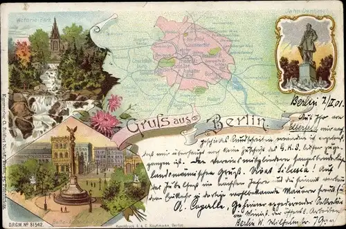 Stadtplan Litho Berlin, Siegessäule, Victoriapark, Jahn Denkmal