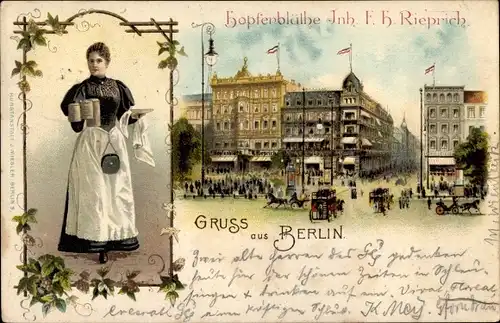 Litho Berlin, Gasthaus Hopfenbläthe, Kellnerin mt Bierkrügen, Straßenszene