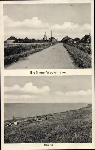 Ak Westerhever Nordfriesland, Strand, Blick auf den Ort