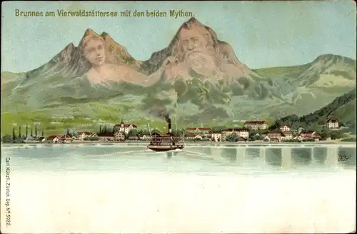 Künstler Ak Brunnen Kt Schwyz, Blick auf den Ort am Vierwaldstättersee, Mythen, Berggesichter