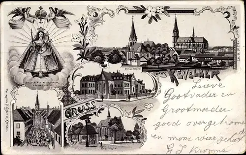 Litho Kevelaer am Niederrhein, Gnadenbild, Kapellenplatz, Marienhospital, Kirche, Prozession