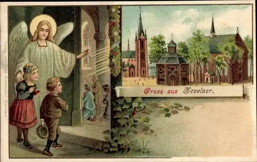 Litho Kevelaer am Niederrhein, Engel mit Kindern, Gnadenkapelle, Kirche