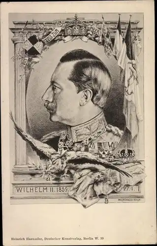 Ak Kaiser Wilhelm II., Portrait, Adler, Fahnen