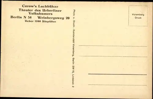 Ak Berlin Mitte, Carow's Lachbühne, Theater, Innenansicht, Weinbergsweg 20