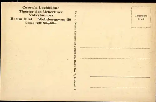 Ak Berlin Mitte, Carow's Lachbühne, Theater, Innenansicht, Weinbergsweg 20