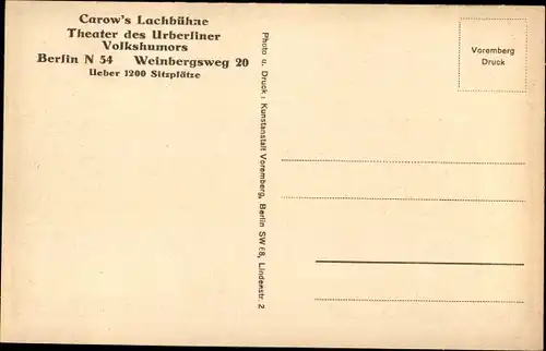 Ak Berlin Mitte, Carow's Lachbühne, Innenansicht, Weinbergsweg 20