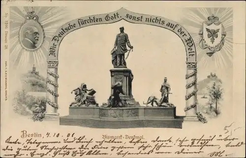 Wappen Ak Berlin Tiergarten, Bismarckdenkmal, Brunnen, Wir Deutsche fürchten Gott, sonst nichts