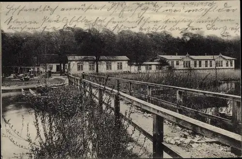 Ak Berlin Spandau Wilhelmstadt Pichelswerder, Restaurant Inselgarten, Brücke