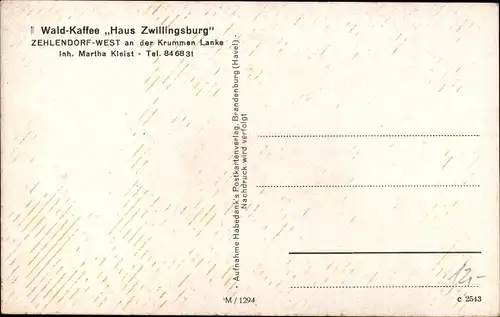 Ak Berlin Zehlendorf West, Waldcafe Haus Zwillingsburg