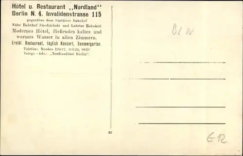 Ak Berlin Mitte, Hotel, Restaurant Nordland, Invalidenstraße 115