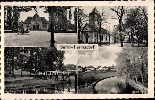 Ak Berlin Reinickendorf Hermsdorf, Bahnhof, Dorfkirche, Fliess