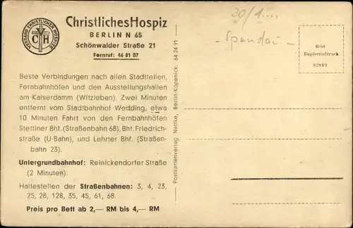 Ak Berlin Wedding, Christliches Hospiz, Schönwalder Straße 21