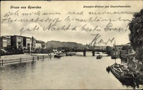 Ak Berlin Spandau, Dampfer Station, Charlottenbrücke