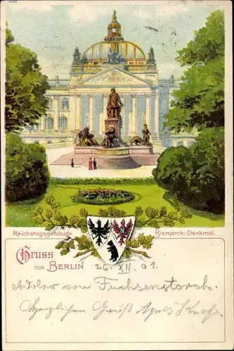Litho Berlin Tiergarten, Reichstag, Bismarckdenkmal, Wappen