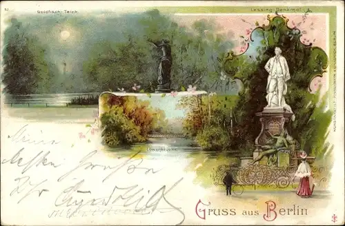 Litho Berlin Tiergarten, Goldfischteich, Lessing Denkmal, Löwenbrücke