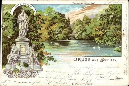 Litho Berlin, Tiergarten, Neuer See, Goethe Denkmal