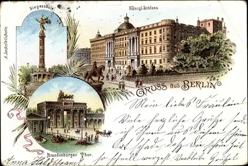 Litho Berlin Mitte, Königliches Schloss, Reiterdenkmal, Siegessäule, Brandenburger Tor
