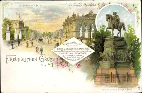 Litho Berlin Mitte, Schlossbrücke, Denkmal Friedrich d. Große, Ruhmeshalle, Christian Günther Stoffe