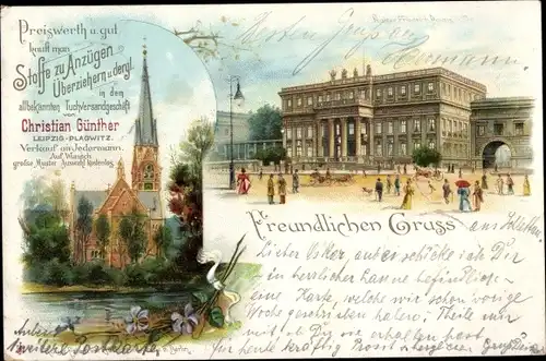 Litho Berlin Mitte, Kaiser Friedrich Palast, Reklame Tuchversand Christian Günther, Leipzig Plagwitz