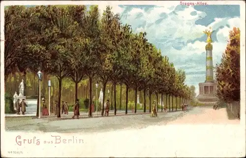 Litho Berlin Tiergarten, Blick in die Siegesallee, Siegessäule