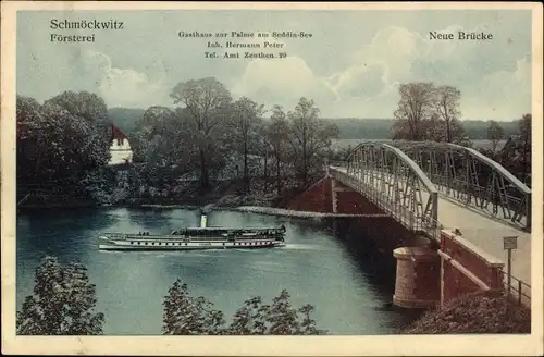 Ak Berlin Köpenick Schmöckwitz, Försterei, Gasthof zur Palme am Seddin See, neue Brücke, Dampfer