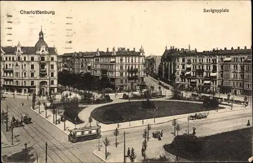 Ak Berlin Charlottenburg, Savignyplatz, Straßenbahn, Kutsche