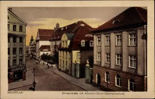 Ak Berlin Neukölln, Emserstraße, Albrecht Dürer Oberrealschule, Zigarrenhandlung