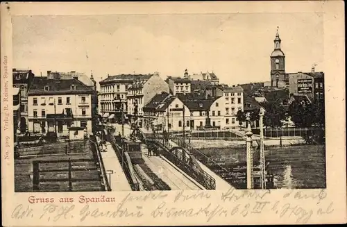 Ak Berlin Spandau, Brücken, Wohnhäuser, Straßenbahn, Kirche