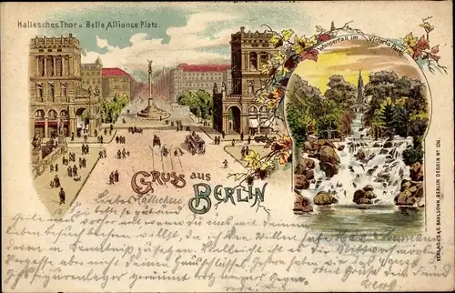 Litho Berlin Kreuzberg, Hallesches Tor, Belle Alliance Platz, Wasserfall im Victoriapark