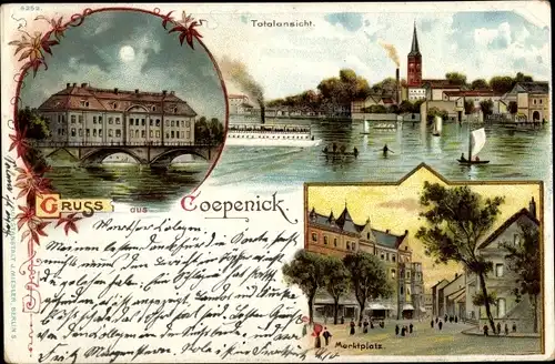 Litho Berlin Köpenick, Totalansicht, Ratskeller, Brücke, Mondschein