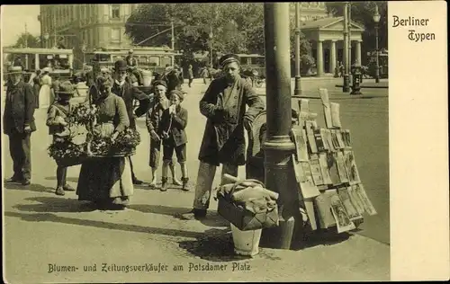 Ak Berlin Tiergarten, Blumen- und Zeitungsverkäufer am Potsdamer Platz