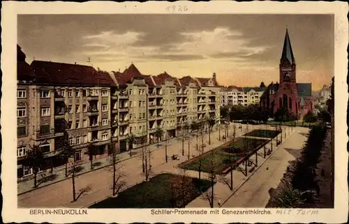 Ak Berlin Neukölln, Schiller Promenade mit Genezareth Kirche