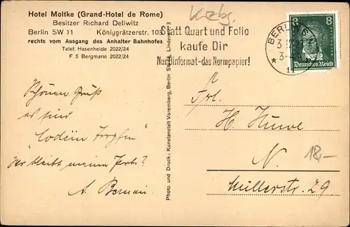 Passepartout Ak Berlin Kreuzberg, Hotel Moltke, Grand Hotel de Rome, Königgrätzerstraße 103