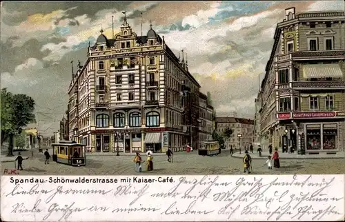 Litho Berlin Spandau, Schönwalderstraße, Kaiser Cafe, Straßenbahn 30, Kaufhaus