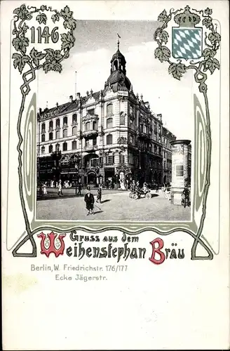 Passepartout Ak Berlin  Mitte, Weihenstephan Bräu, Friedrichstraße 176, Ecke Jägerstraße,Litfaßsäule