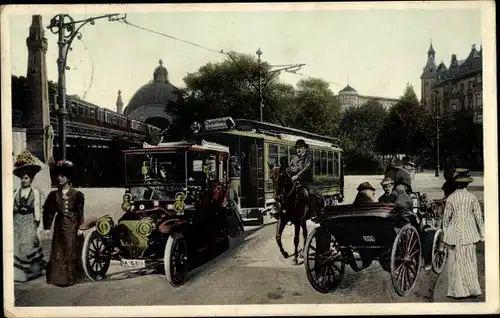 Ak Berlin Schöneberg, Nollendorfplatz, Berliner Leben, Straßenbahn, Kutsche, Reiter, Auto, Hochbahn