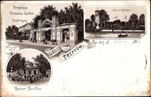 Litho Berlin Treptow, Spree mit Eifelturm, Paradiesgarten, Haupteingang, Kaiser Pavillon