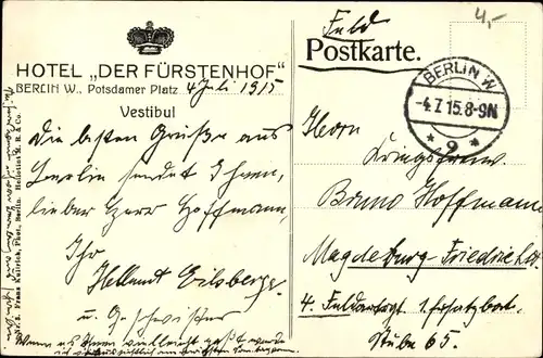 Ak Berlin Tiergarten, Hotel Der Fürstenhof, Vestibül, Potsdamer Platz