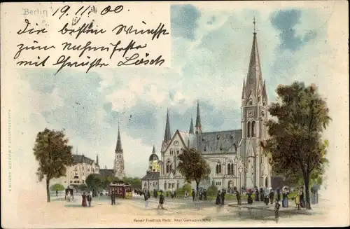 Litho Berlin Kreuzberg, Kaiser Friedrich Platz mit Garnisonkirche