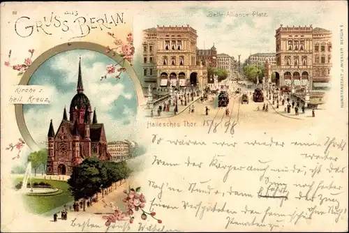 Litho Berlin Kreuzberg, Kirche zum heiligen Kreuz, Hallesches Tor, Belle Alliance Platz